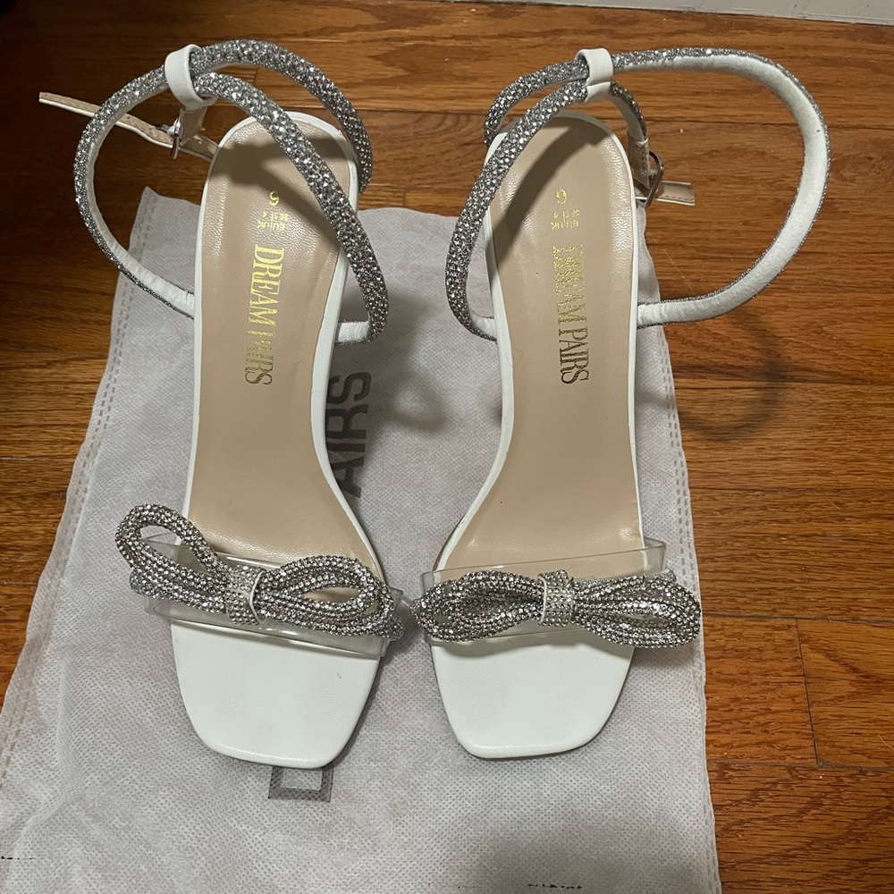 Dream Pairs White and Silver Heels with Sparkly Bow